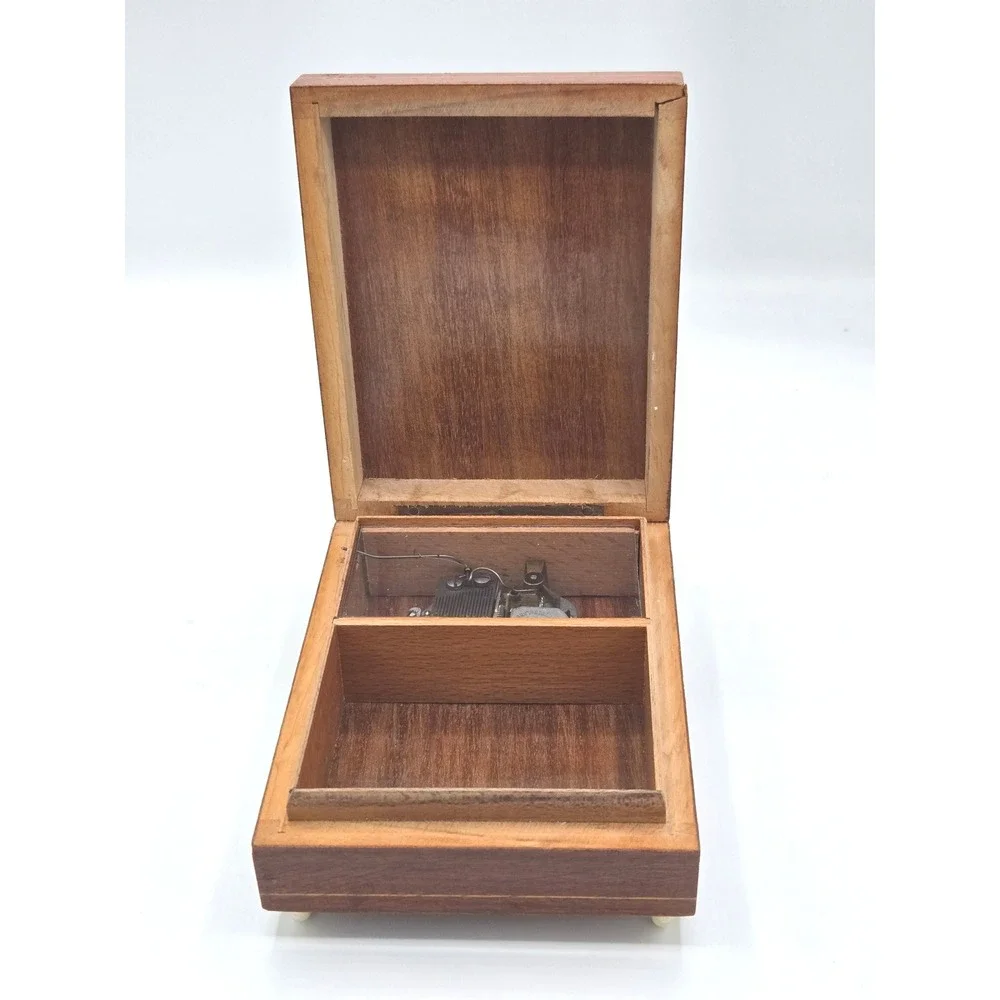 Vintage MAPSA‎ Swiss Musical Movement Wood Jewelry Trinket Box Angel